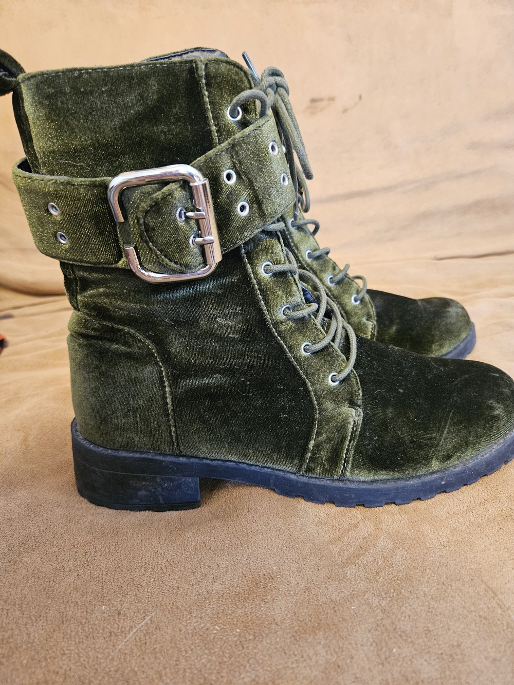 Privileged Olive Velvet Lace-Up Combat Boots with Silver Buckle